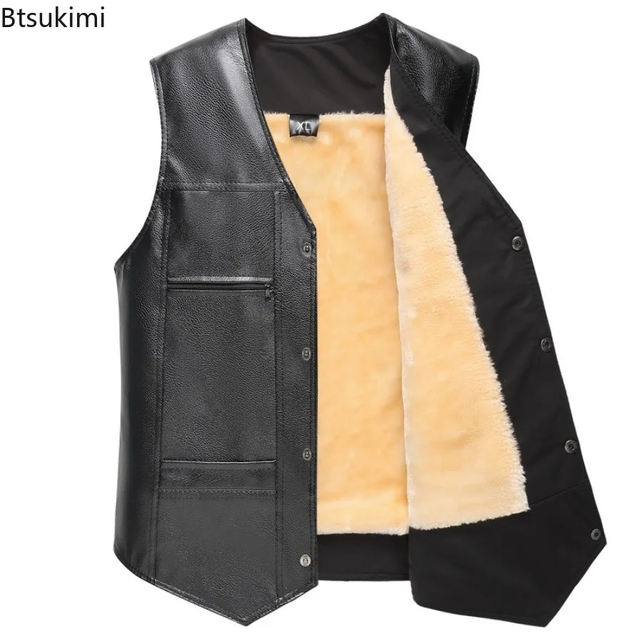 

Autumn Winter Men Vests Stylish Faux Leather Motorcycle Vest Jackets Thickened Fleece Lined Single Breasted Warm Waistcoats Male