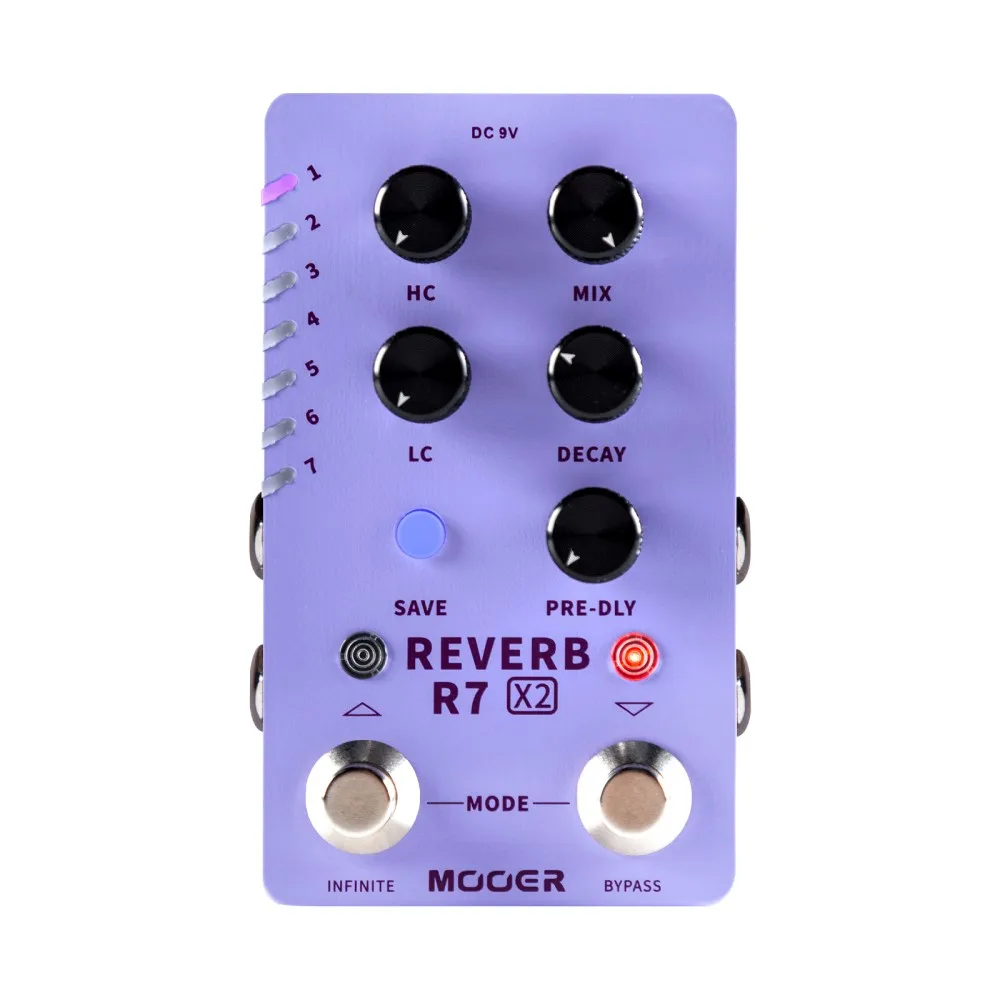 

MOOER R7 X2 педаль реверберации с бесконечной функцией комната/зал/церковь/пещера/пластина/Пружинные эффекты двойной ножной переключатель стерео реверберация педаль