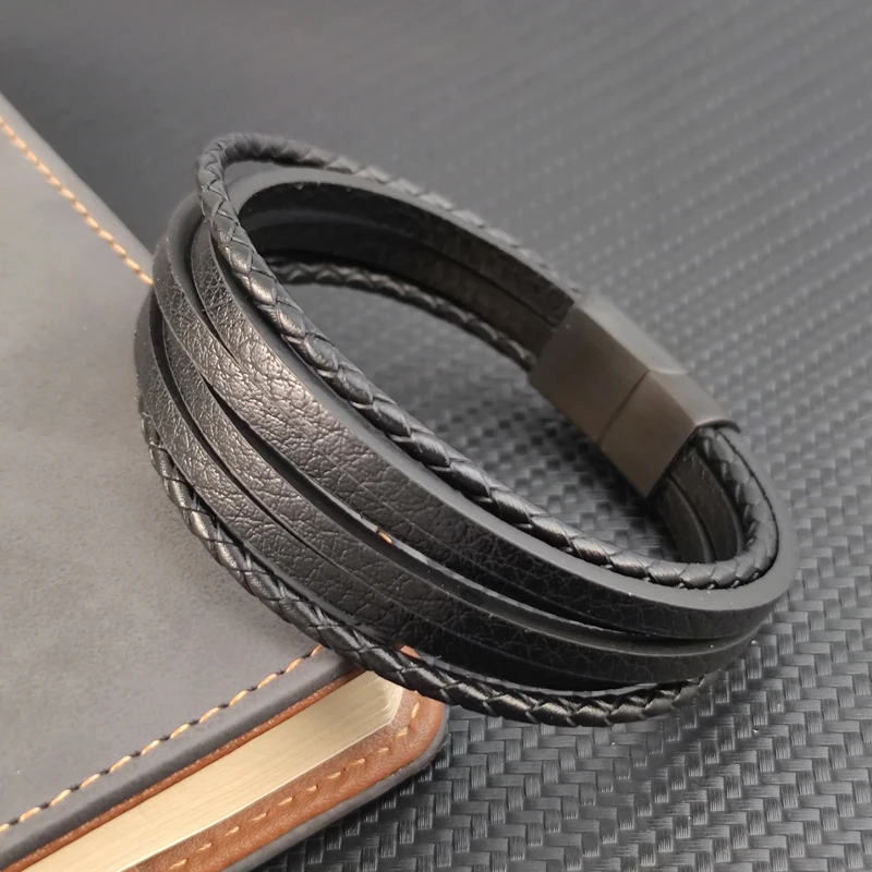 Hot Sale Multi-layer Leather Bracelet Stainless Steel Metal Luxury Bangles For Men Charm Accessories For Friend Husband Gifts