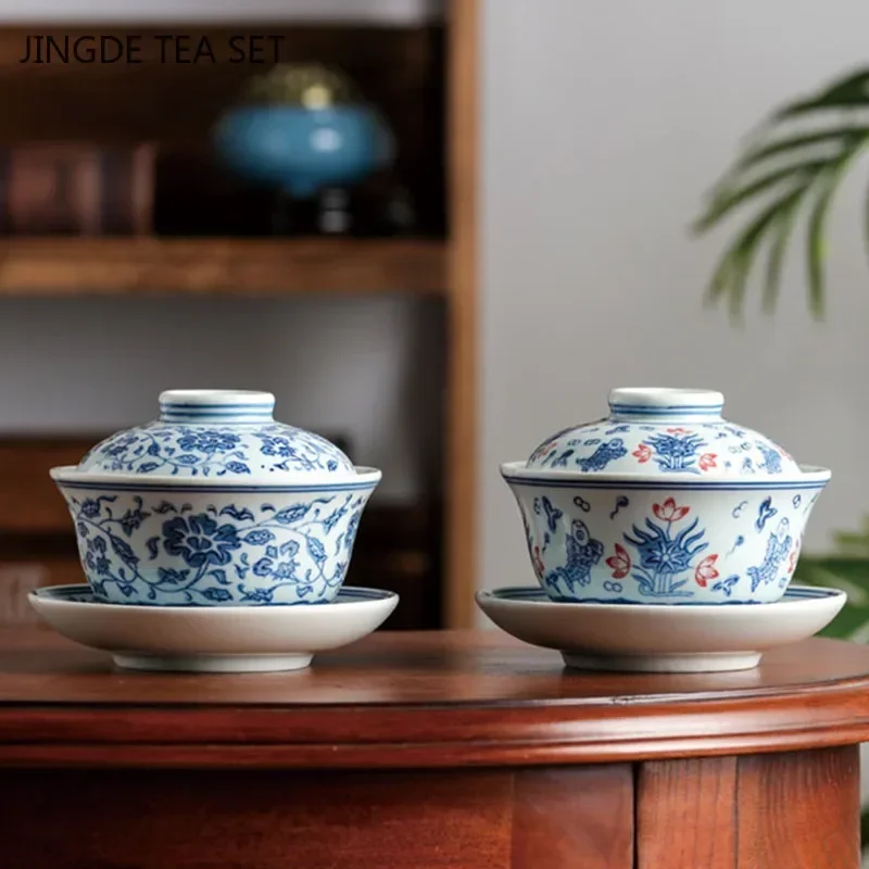 Jingdezhen porcelana azul e branca gaiwan xícara de chá de cerâmica artesanal tigela de chá de viagem aparelho de chá chinês copo pessoal 200ml