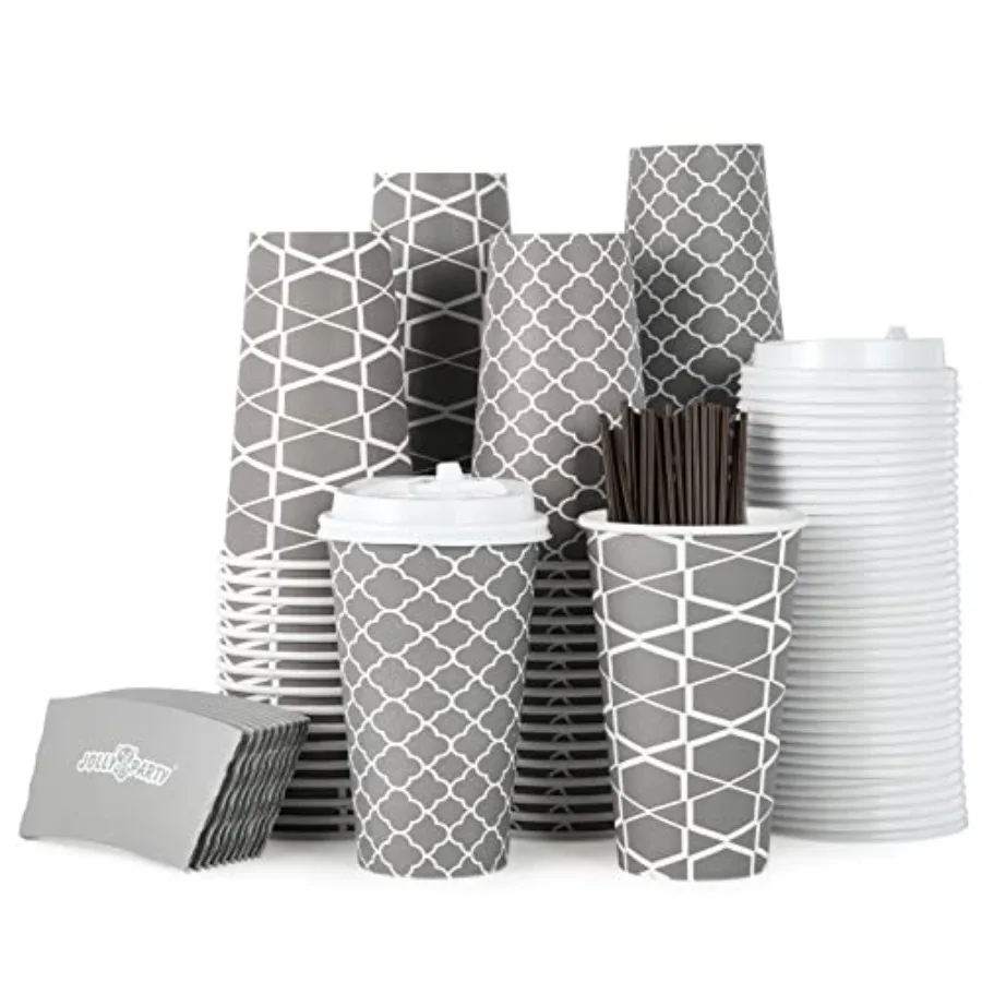 

100 Sets] 16 oz Paper Coffee Cups, Disposable Coffee Cups with Lids, Sleeves and Straws, Hot Cold Beverage Drinking Cup for Wat