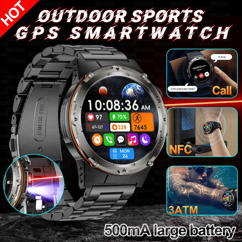 2025 New Rugged Military GPS Track Smart Watch Men Bluetooth Call 500Mah 3ATM Waterproof Outdoor SmartWatches For Huawei Xiaomi