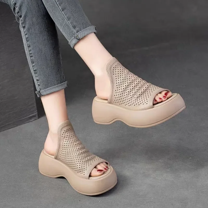 2023 New Chunky Fashion Mid Heels Shoes Slippers Women Sandals Summer Flip Flops Casual Slingbacks Beach Zapatillas Mujer Slides