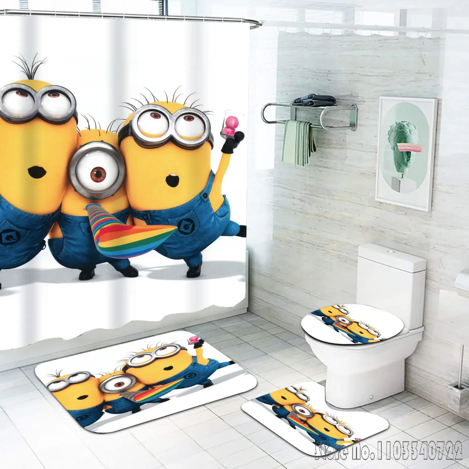 Baby Kids M-Minions Animal Anime Bath Shower Curtain Set 4pcs with Hooks Waterproof Bathroom Toilet Mat Lid Decor