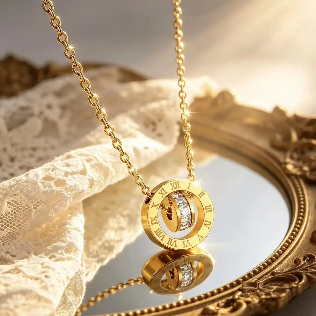 Luxury Roman Numeral Rotatable Pendant Necklace for Women 18K Gold Plated Stainless Steel Elegant Dainty Clavicle Chain Jewelry