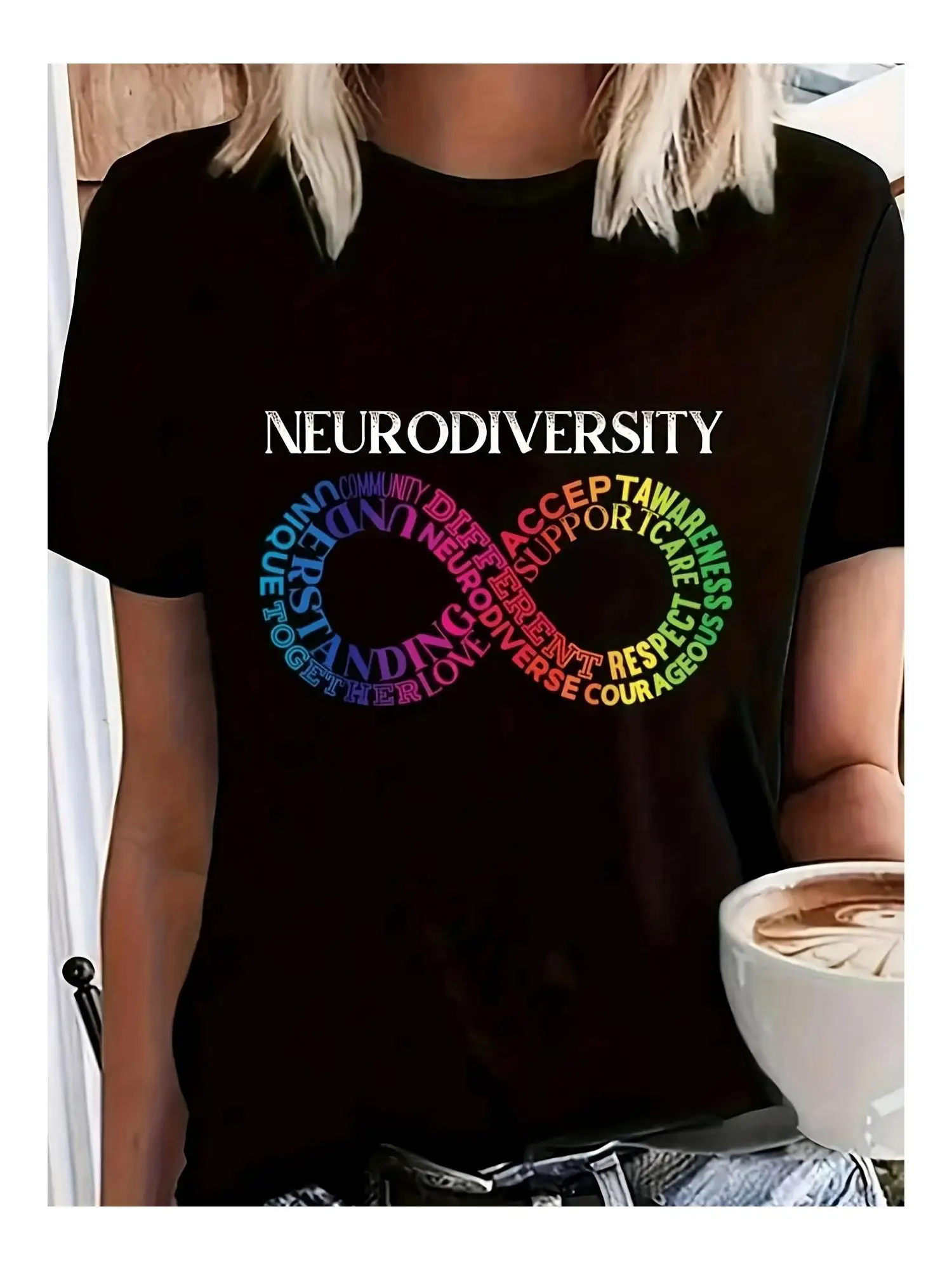 

Women'S Neurodiversity Rainbow Infinity Graphic T-Shirt Casual Crew Neck Short Sleeve Loose Fit