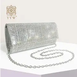 Silver Envelope Clutch Handbag Glitter Rhinestone Brides Wedding Messenger Purse Shoulder Chain Lady Cocktail Party Diamond Bags