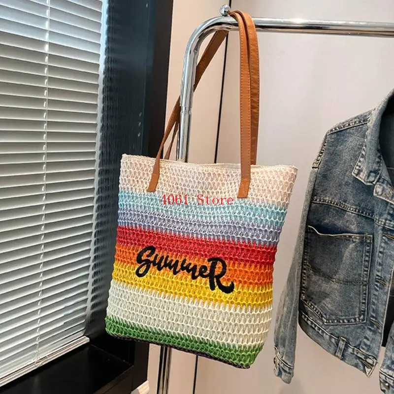 قوس قزح منسوج التطريز الشاطئ حقيبة تصميم قش كتف حقيبة يد العطلة للنساء العصري #5