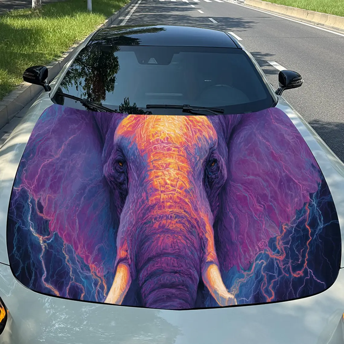 

Dynamic Purple Thunder Elephant PVC Car Engine Hood Vinyl Wraps, Self-Adhesive Waterproof Car Hood Decal Sticker, Car Decoration