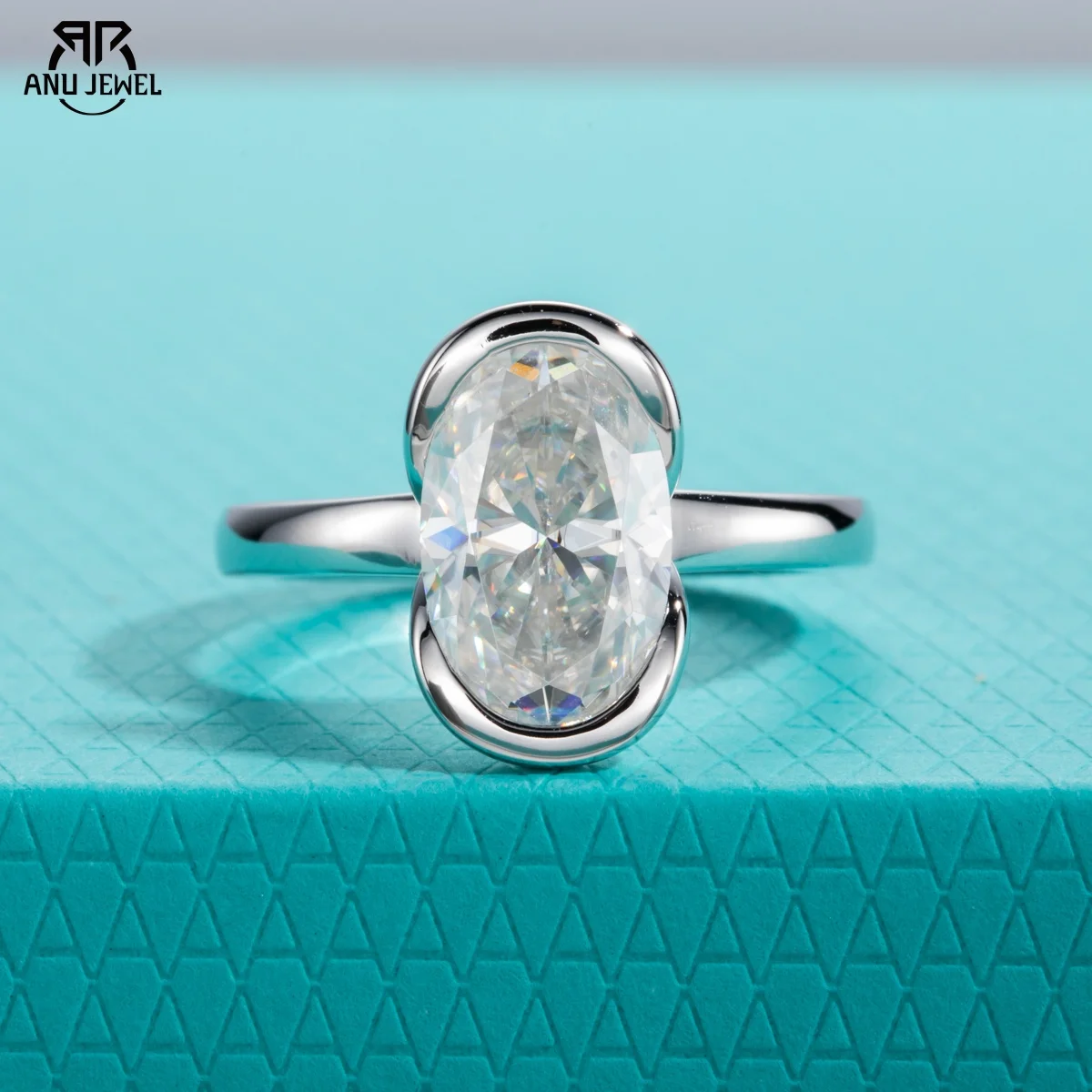 

AnuJewel 3ct D Color Oval Moissanite Engagement Ring 925 Sterling Silver Half Bezel Setting Solitaire Promise Rings for Women