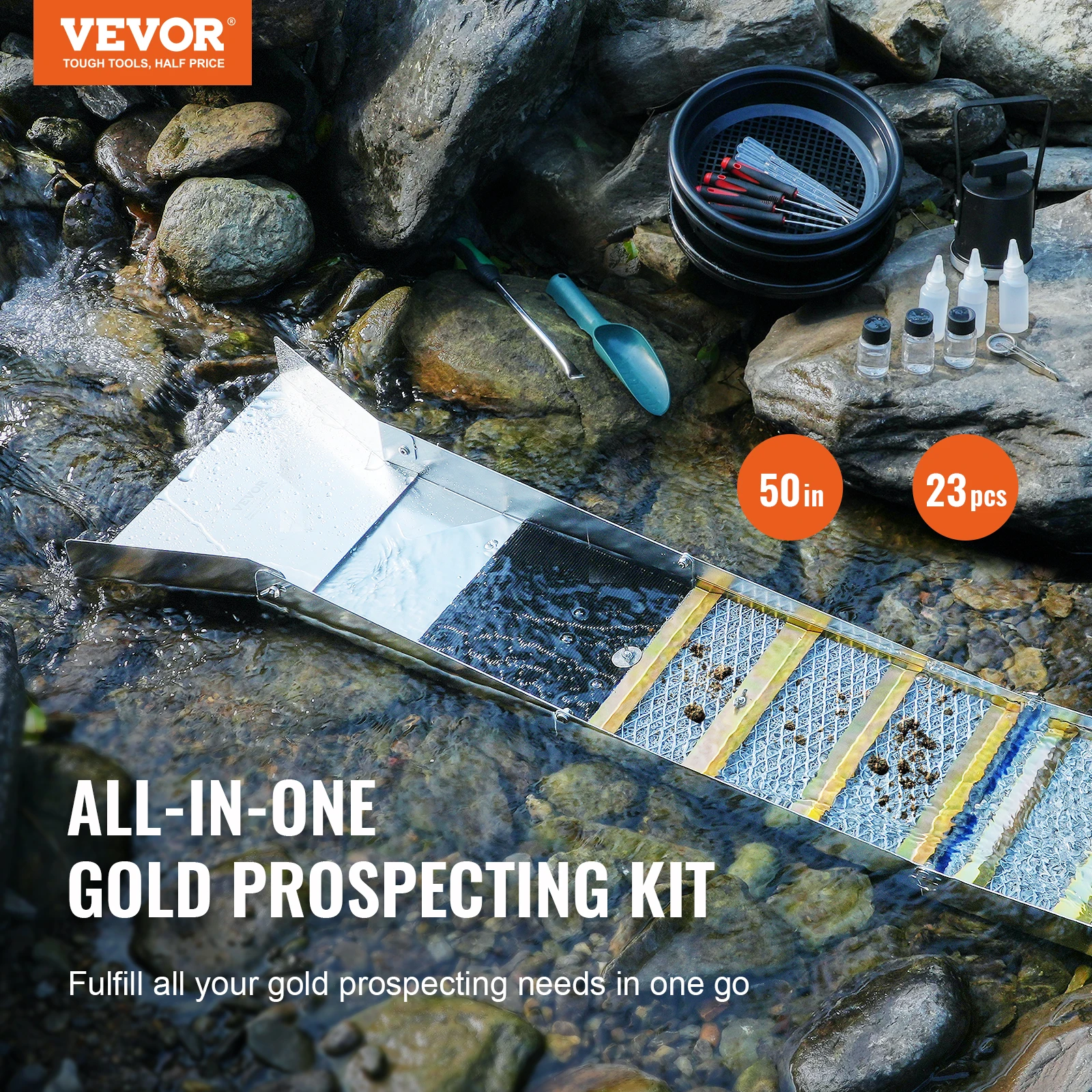 VEVOR 50" 12" Complete Sluice Box Gold Panning Kit Aluminum Alloy Gold Mining Equipment 23/16 PCS Gold Prospecting Kit