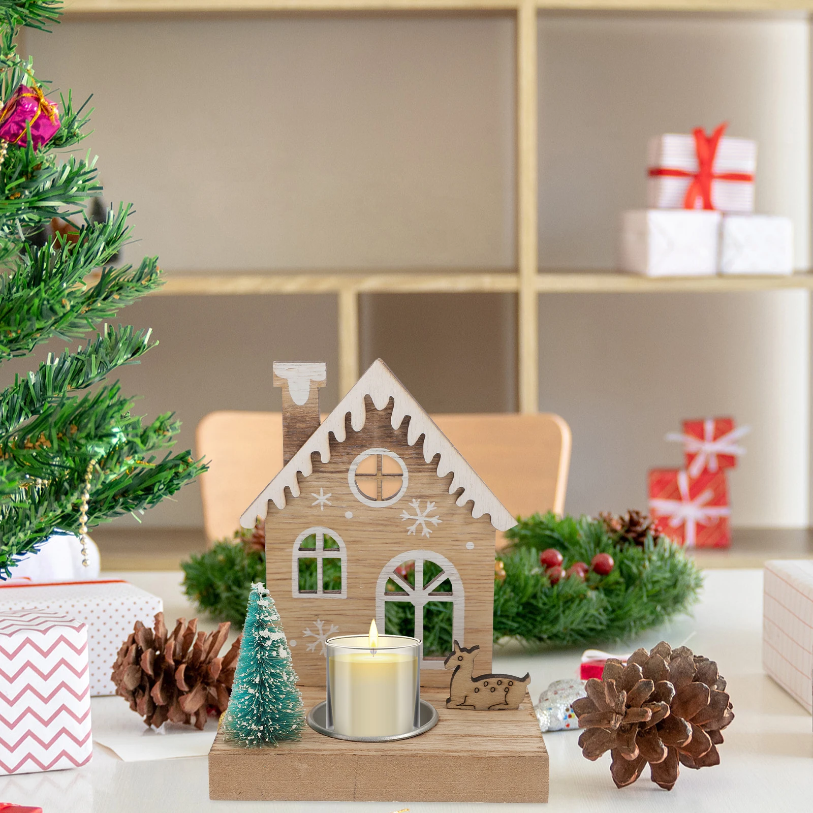 

Candlestick Ornament Christmas Tealight Holder Wooden Holders for Table Centerpiece