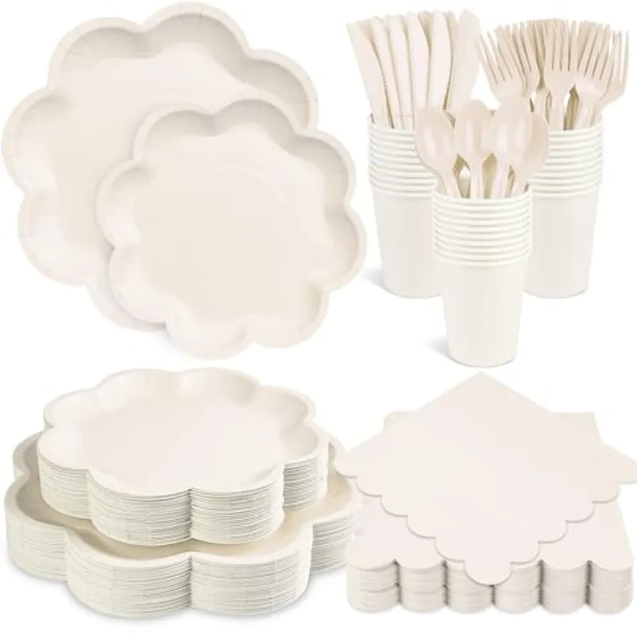 

350 Pcs Paper Plates and Napkins Set, Tableware Set for 50 Guests Include Disposable Scalloped Plates, Napkins, Cups, Knives, F