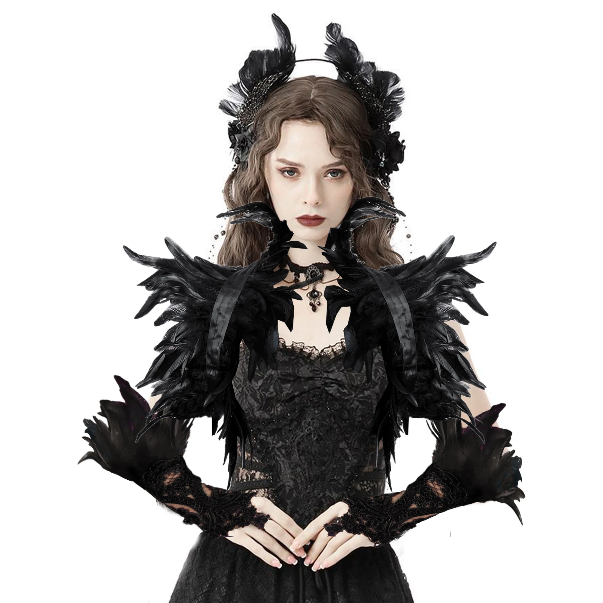 

Black Luxury Feather Cloak Halloween PU Leather Strap Shoulder Armor Cloak Punk Cloak Pajama Party Gothic Role Playing Costume