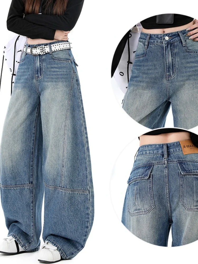 American style cargo sickle wide leg jeans women's 2025 winter new fleece splicing non stick leg curved knife pants view 3