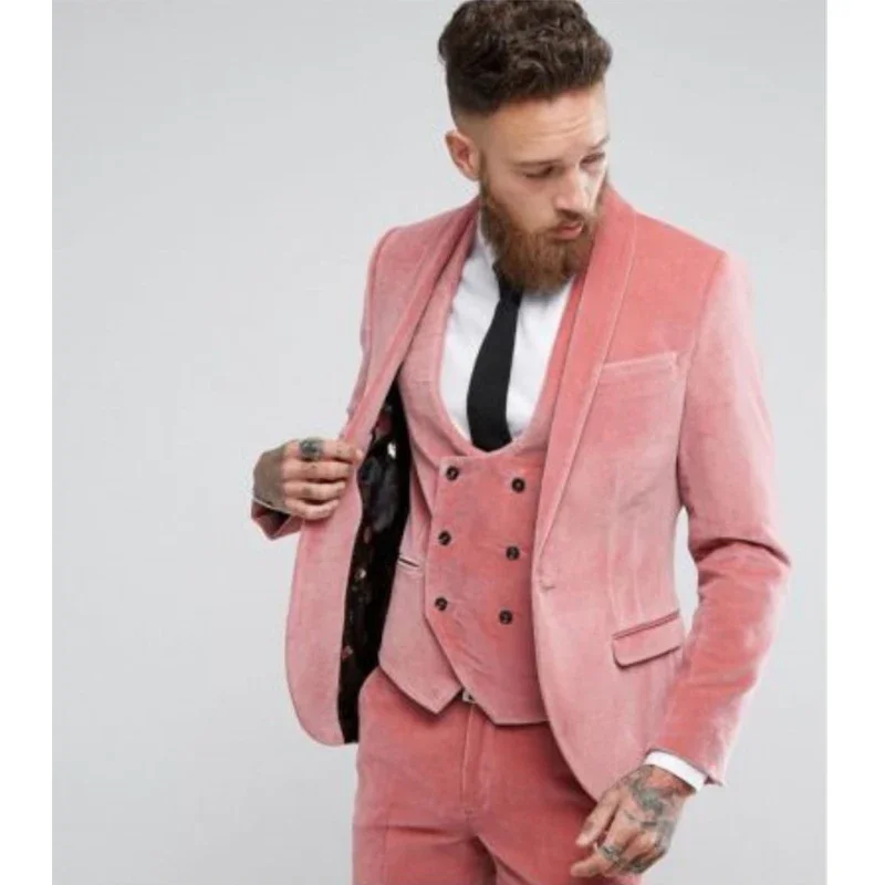 Costume 3 Pièces en Velours Rose Chaud pour Homme, Élégant, Décontracté, Slim Fit, Blazer, Zones, Haute Qualité, Personnalisé, Automne 2024