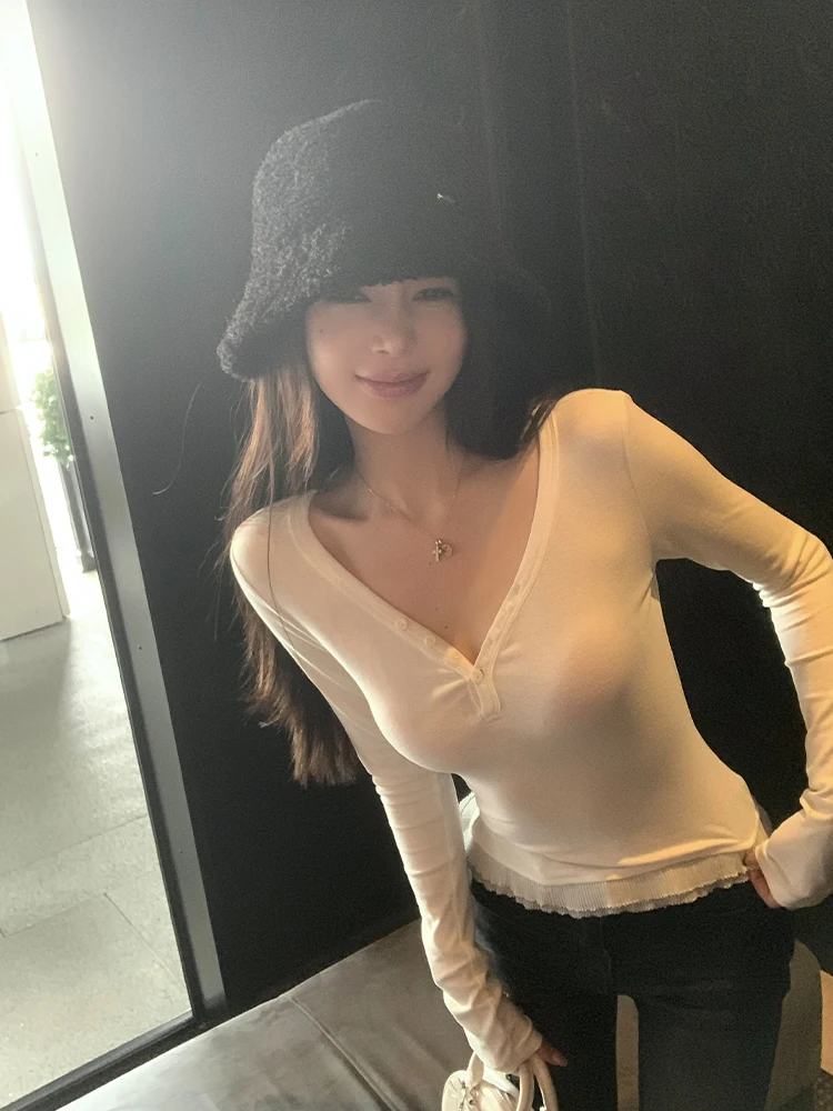 

Titi Little Sister Long Sve T-irt Women's Autumn Winter Pure Desire Slim Fit Floral V Ne Ele Base irt