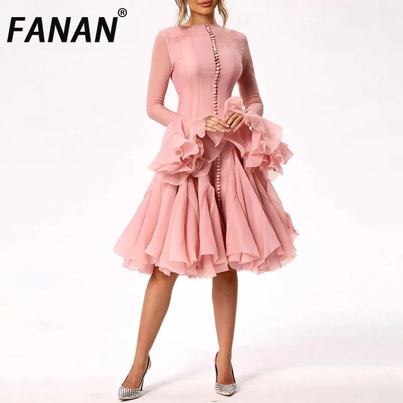 

FANAN Women's Irregular Wrinkle Patch Work Fashion Long Lantern Sleeve Waist Wrinkle Mini Dress 2025 Spring New Clothes Elegant