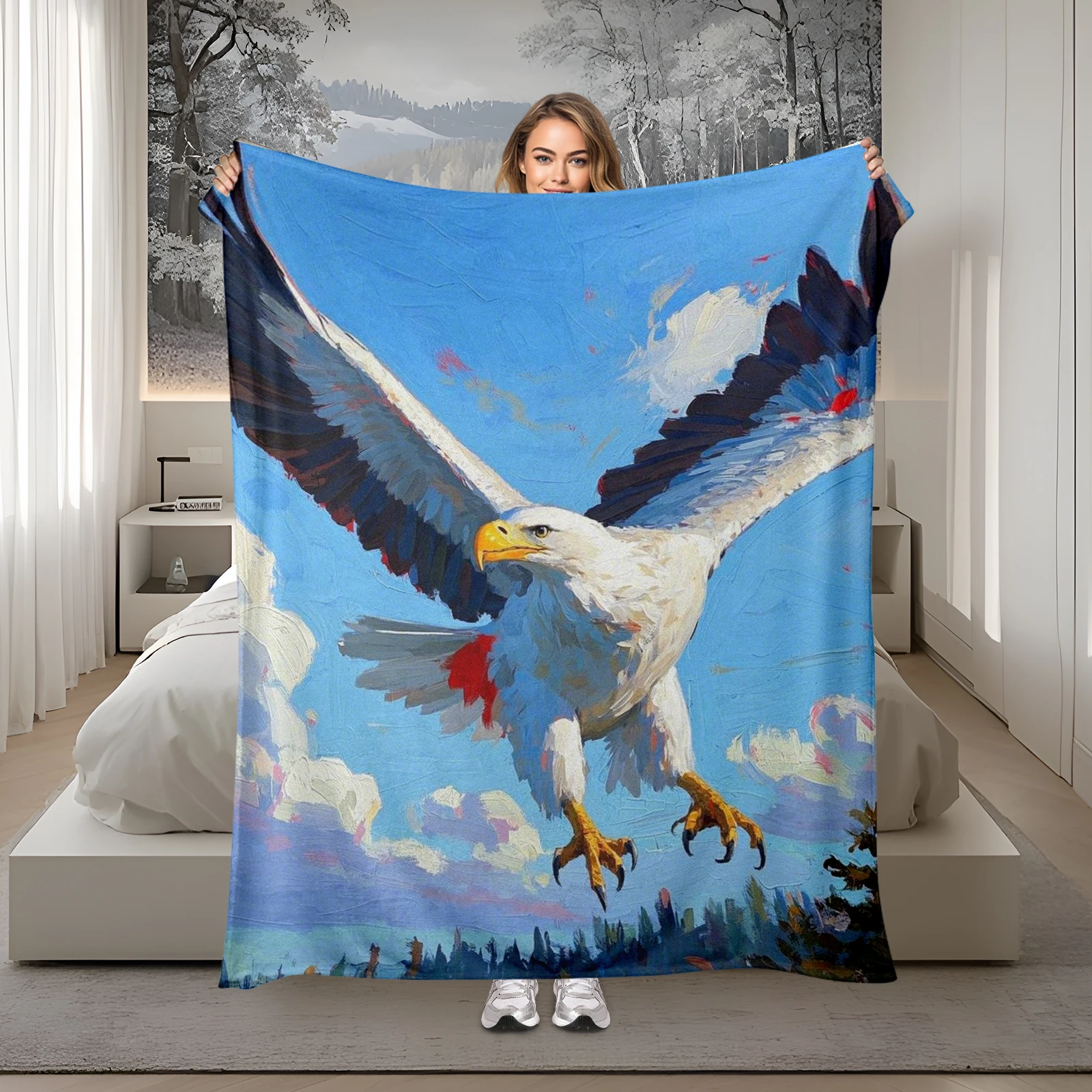 Stylish Soaring Eagle Cartoon Style Blanket, Versatile For Various Uses.