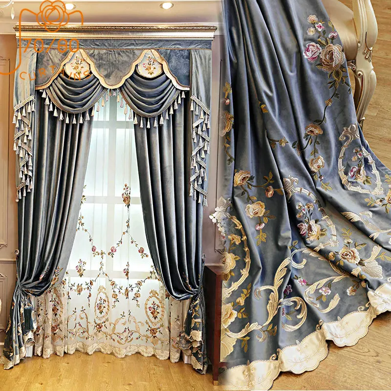 High Grade Blue and Green Velvet Embroidery Thickened Shading Curtains for Living Room Bedroom Villa High Window Customization