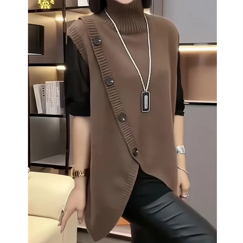 سترات نسائية طويلة بدون أكمام سترات كلاسيكية غير منتظمة بأزرار مقسمة ملابس خارجية بلوفرات أنيقة سترات فضفاضة ذات ياقة مدورة #3