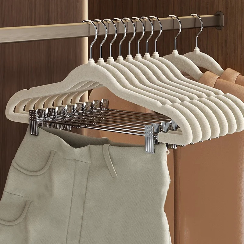 5/10pcs Non-slip Flocking Hangers with Adjustable Metal Clips Pants Rack Clothes Rack Adjustable Pants Clip Organization