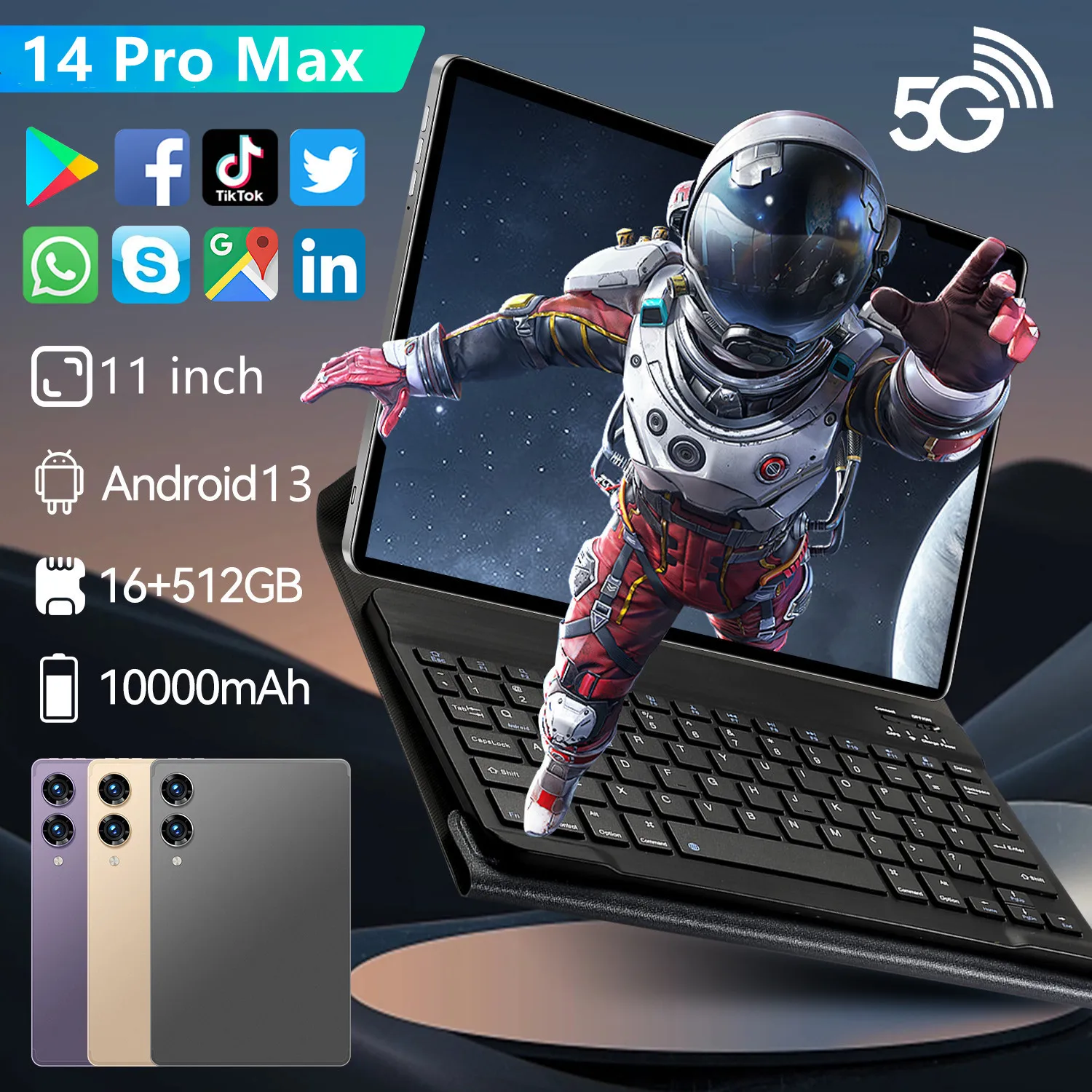 Tablette PC Android 13 14 Pro Max, 16 Go, 2024 Go, 512 mAh, 5G, appels téléphoniques pour touristes, GPS, Bluetooth, WiFi, WPS, version globale, nouveau, 10000