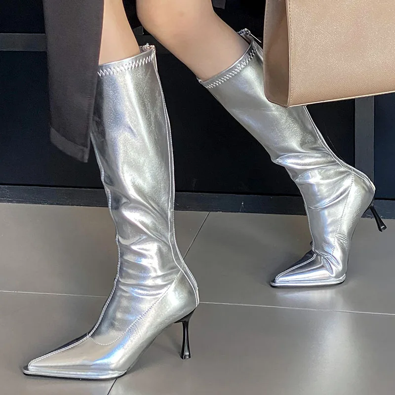 Calzature da donna in argento stivali alti al ginocchio da donna moderni scarpe con cerniera stivali elasticizzati da donna elastici di moda con