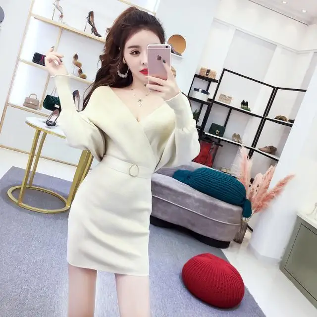 

V-neck Tunic Elegant Autumn Winter Basic Sweater Dress Solid Bodycon Women Dress Female Jumper Slim Knit Dress Sexy V9