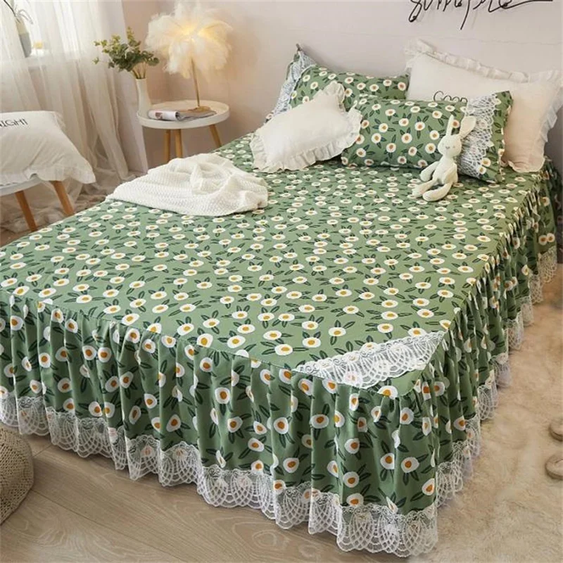 Botanical Floral Bed Skirt French Country Style Flowers Wrap Around Bedskirt 3 Side Coverage Dust Ruffle 1 Sheet & 2 Pillowcase