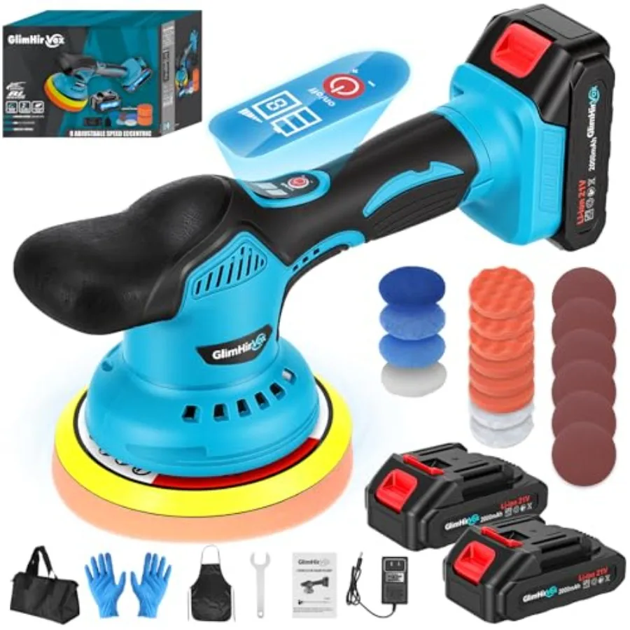 

Беспроводной полировальный набор для автомобиля 6 дюймов, ультимативный комплект для полировки авто с 2 аккумуляторами 21В 2.0Ач и 28 насадками, 8 скоростей, 600 об/мин