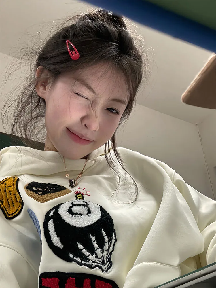 Thiened bordado carta hoodie feminino outono inverno fce forrado suor solto rua sle casal jaet