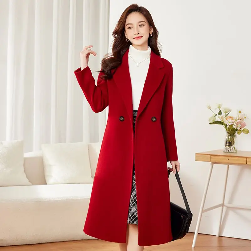 

Women Double-Sided Wool Overcoat High-End Long Below The Knee Slim-Fit Woolen Outwear Korean Style Plus Size Leisure Outcoat