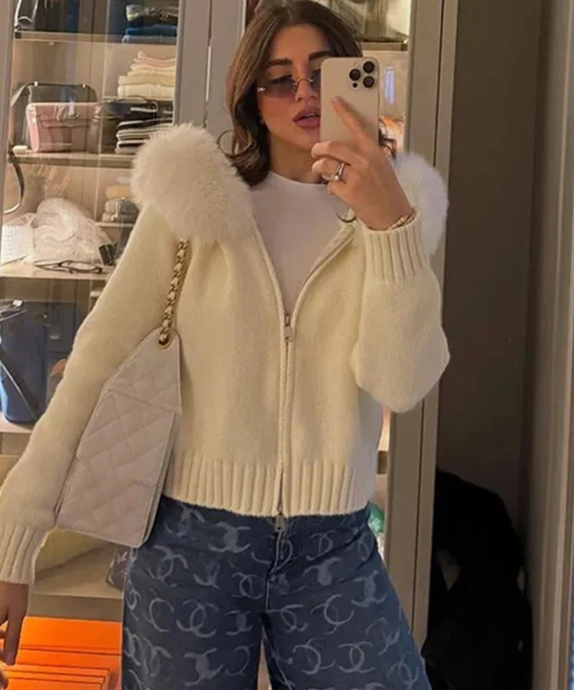 女性ニットカーディガンフード付きフェイクファー襟ジャケットカジュアルジッパーリブ袖口ルーズ