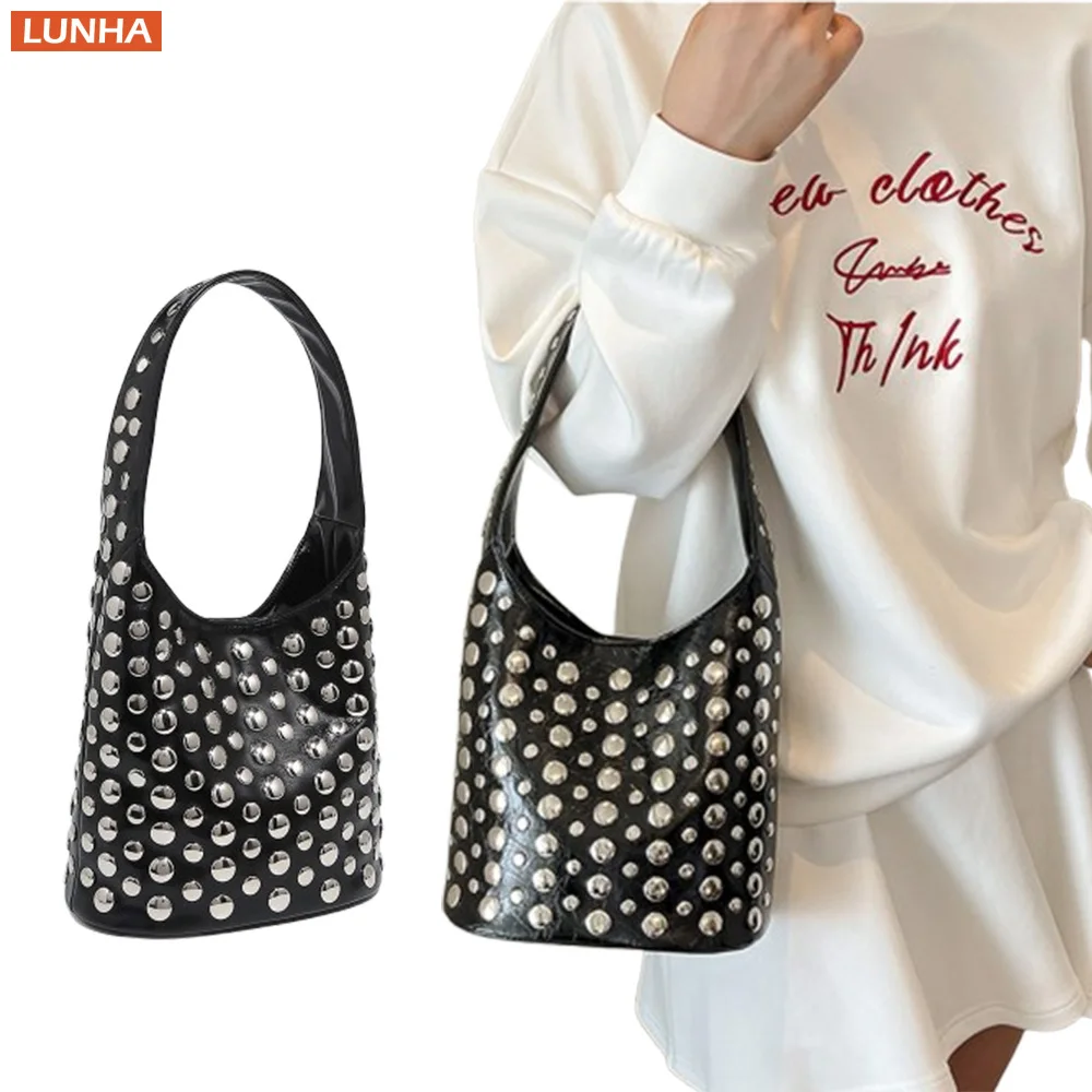 

Женская роскошная дизайнерская мини-сумка-ведро с заклепками, сумка из искусственной кожи в стиле панк для женщин, повседневная вечеринка