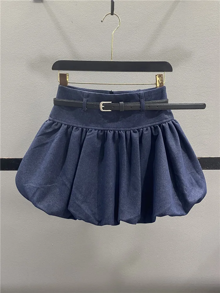 Sweet Floral Bouffant Denim  Skirt Women's High Waist Slimming Bubble Skirt A-Line Fluffy Short Skirts Casual Cotton Poly...