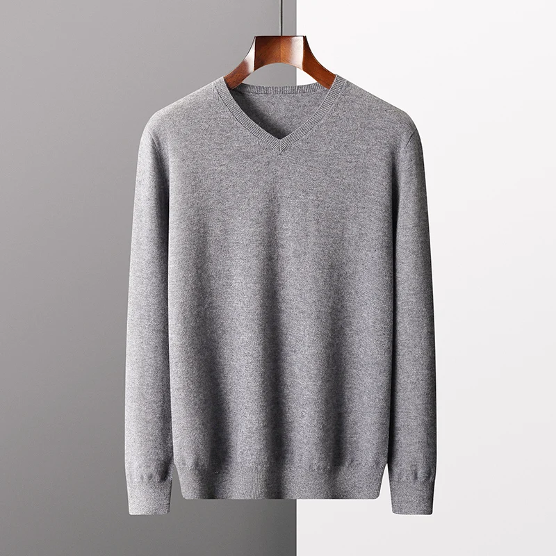 سترة رجالية من الكشمير 100% عالية الجودة برقبة على شكل حرف V - بلوفر خريف وشتاء بقصة ضيقة وأكمام طويلة، ناعم ودافئ ومريح