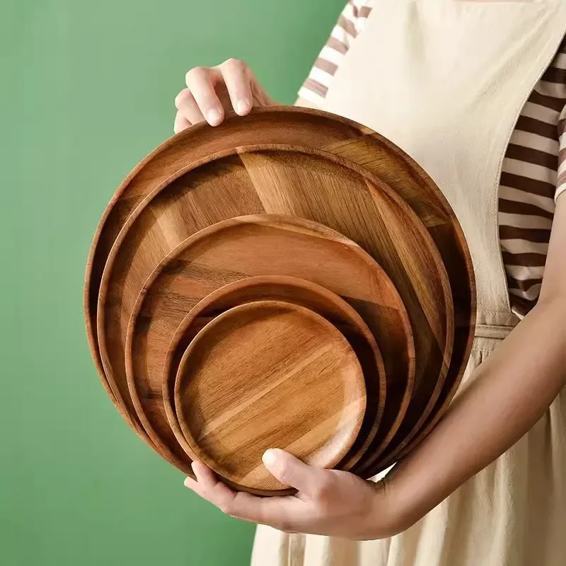 Wooden Round Tray Acacia Wood Home Coffee Bread Plate Multi-Purpose Solid Wood Afternoon Tea Treats