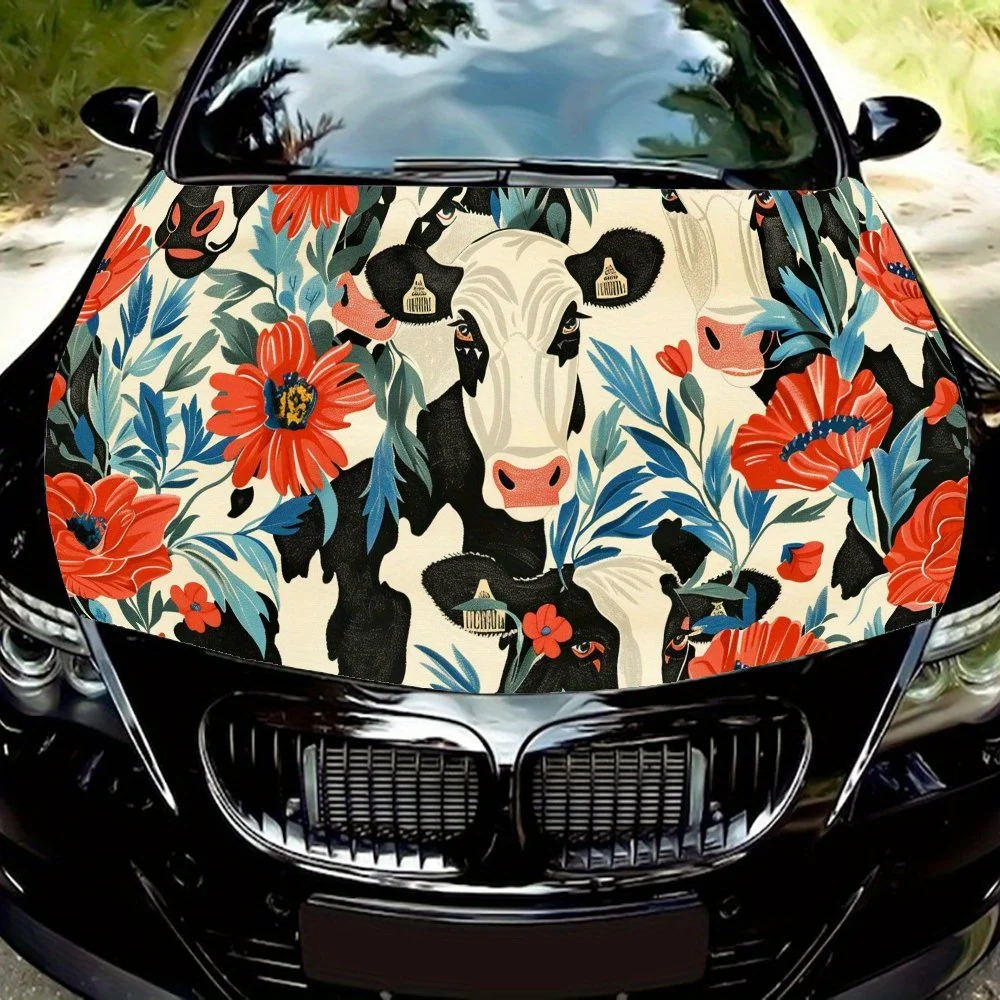 

Unique Cow Floral Graphic Car Hood Vinyl Wraps Sticker, Car Engine Decal, Waterproof Self-adhesive Car Packaging Cover, Universa