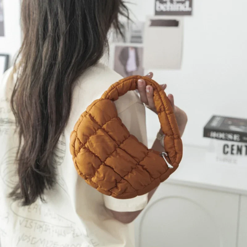Fashion Mini Puffer Tote Bag Quilted Circle Phone Purse Elegant Purple Soft Nylon Padded Key Pouch Simple Trend Handbag - view 4