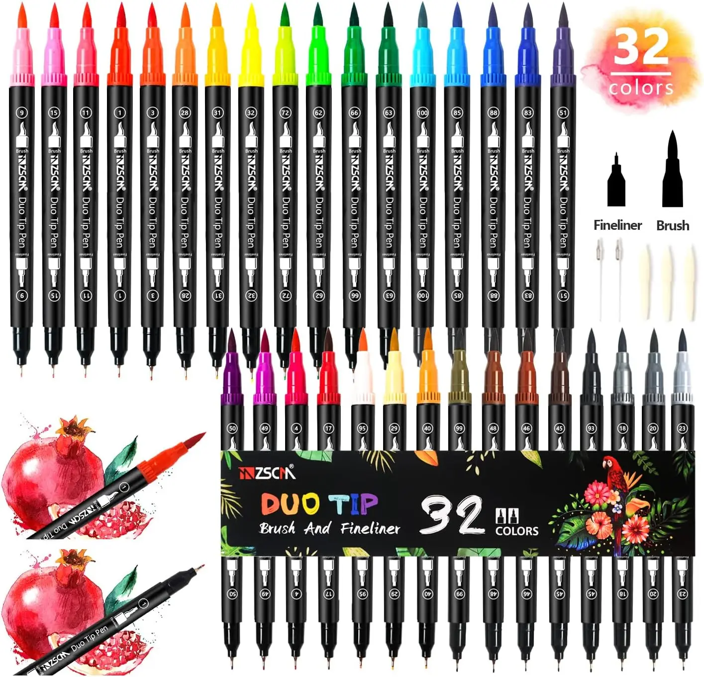 

32-Color Dual-Tip Art Markers Set for Drawing, Coloring, and Calligraphy with Fine and Brush Tips