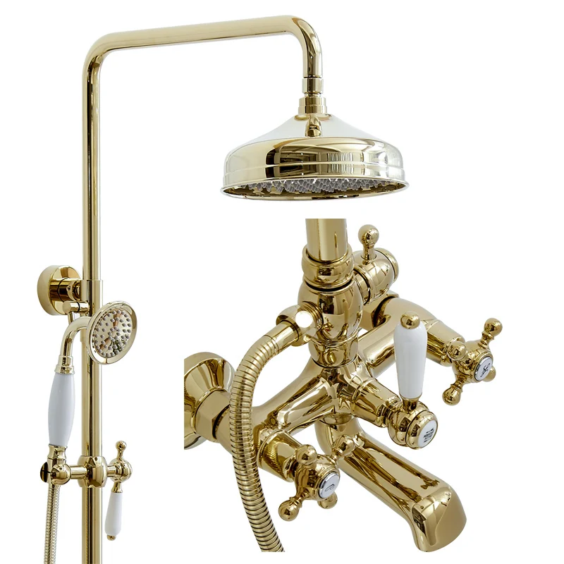 Light Luxury Shower Set with Retro Gold Elevating Rod, All Copper Top Sprinkler, Household Bathtub Faucet