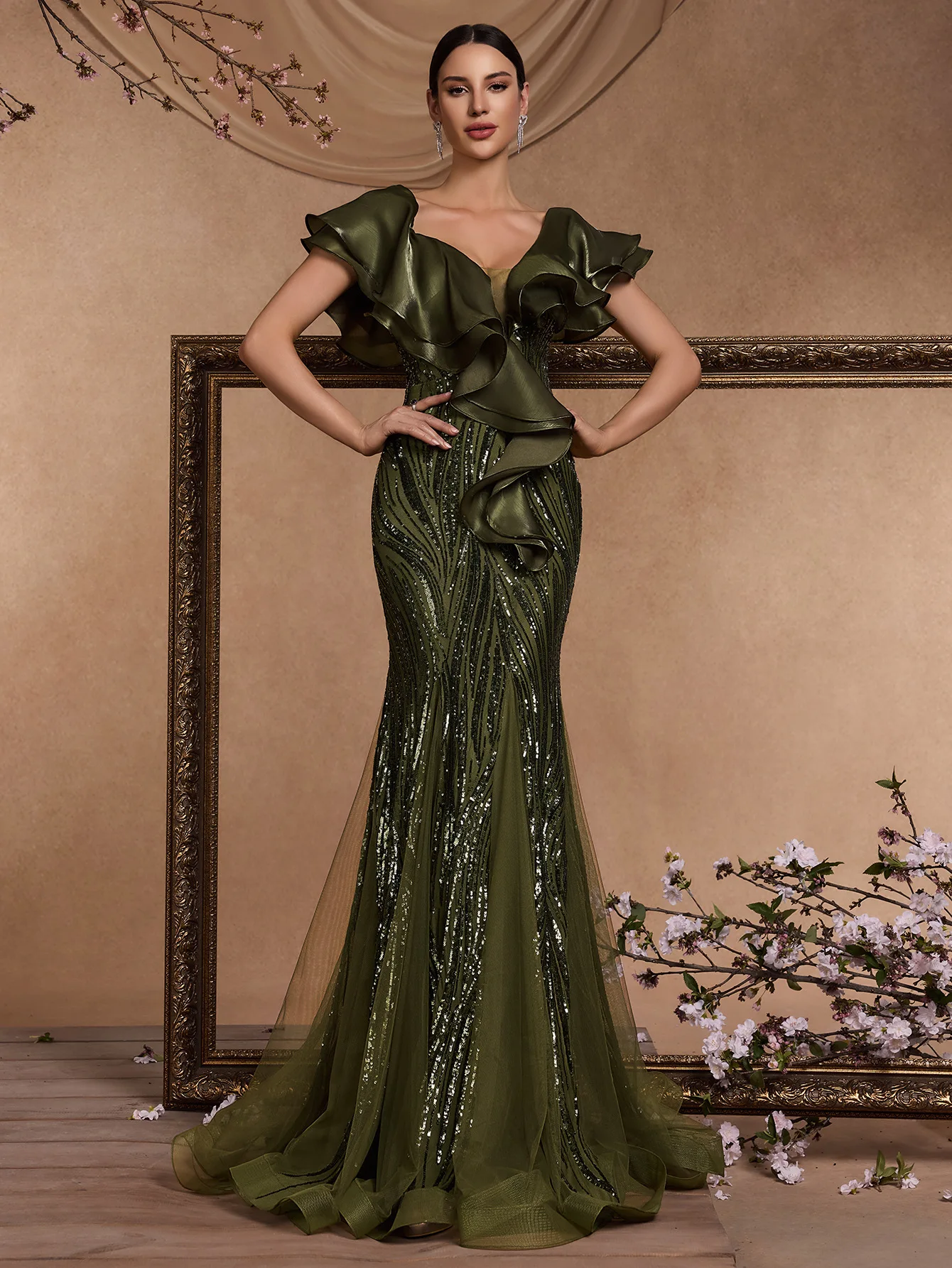 Middle East Elegant Ruffle Sleeve Sequin Cocktail Party Formal Dinner Dress Backless Luxury Graduation Evening Dress