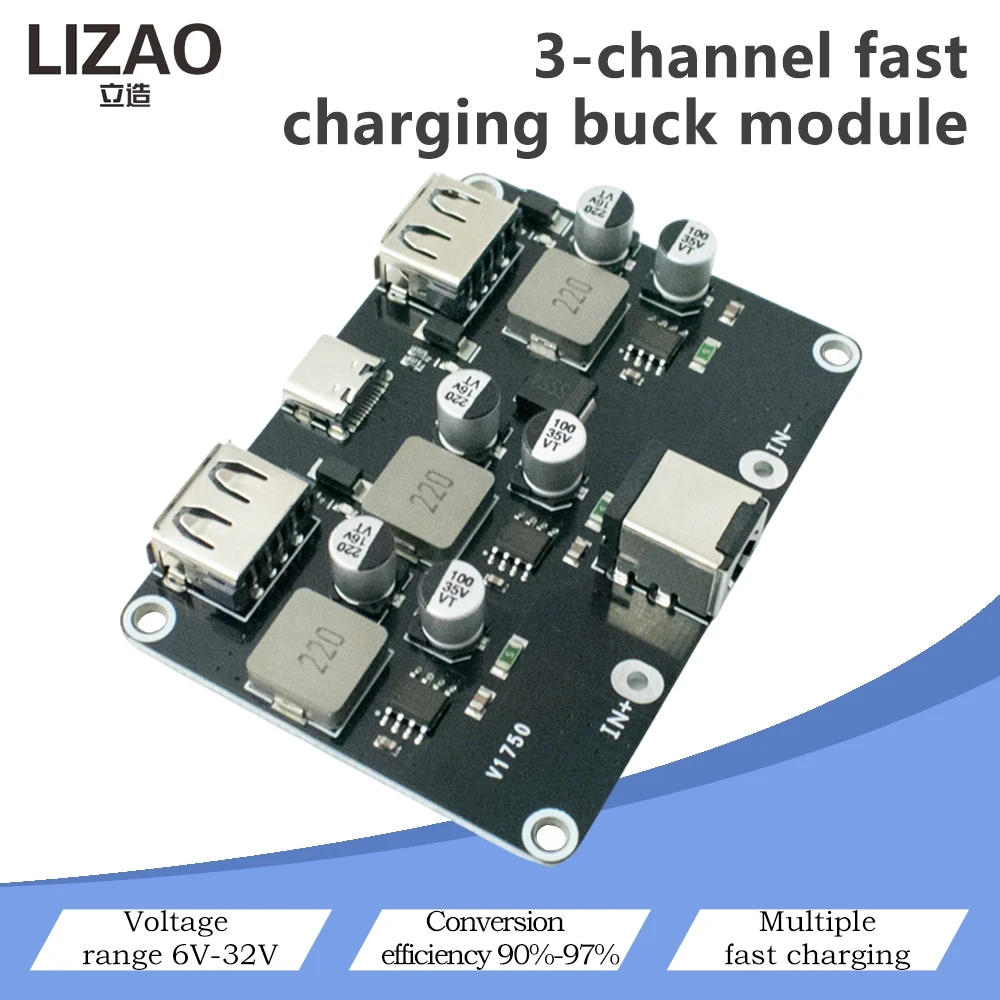 LIZAO 3-Channel Fast Charging Buck Module, 6V-32V to 5V/12V DC-DC Step-Down Converter with Multiple Fast Charging Ports