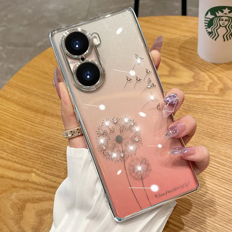 Diamond Plating Case for Huawei Honor 70 60 50 Pro P60 P50 P40 Mate 40 Dandelion Jewelled Rhinestone Clear Soft Cover Woman Girl