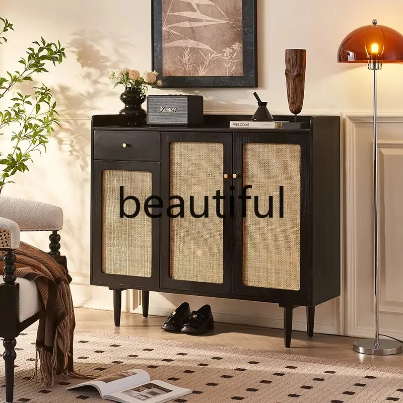 

Nordic solid wood shoe cabinet modern simplicity with chest of drawers multi-functional storage rattan shoe rack