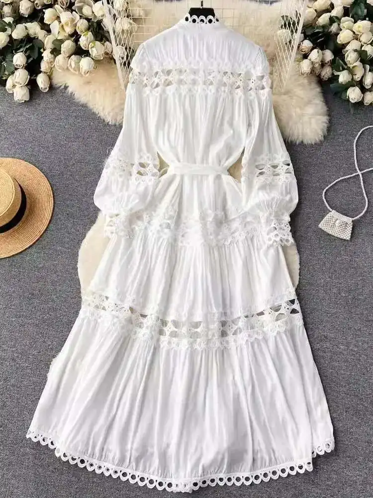 JAMERARY Elegant Summer Holiday Embroidery Dresses Shirt Women's Stand Long Lantern Sleeve Lace Up Party Loose Robe Vestidos