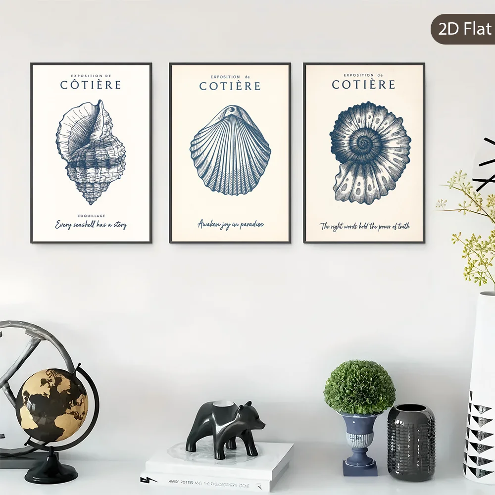 （Noframe 3PCS)-2D Flat, 3pcs Unframed Sea Shell Canvas Painting, Coastal Vibes Wall Art, Ocean Theme Prints Poster, Beach Dec