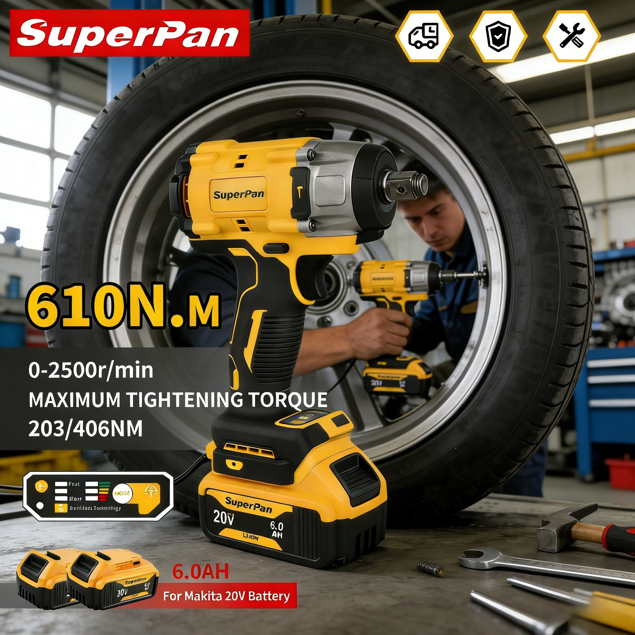 

Аккумуляторный ударный гайковерт SuperPan с LED-подсветкой, защитой от перегрузки, быстрой зарядкой, 20В, 610Нм, квадратный привод 1/2 дюйма для Dewalt