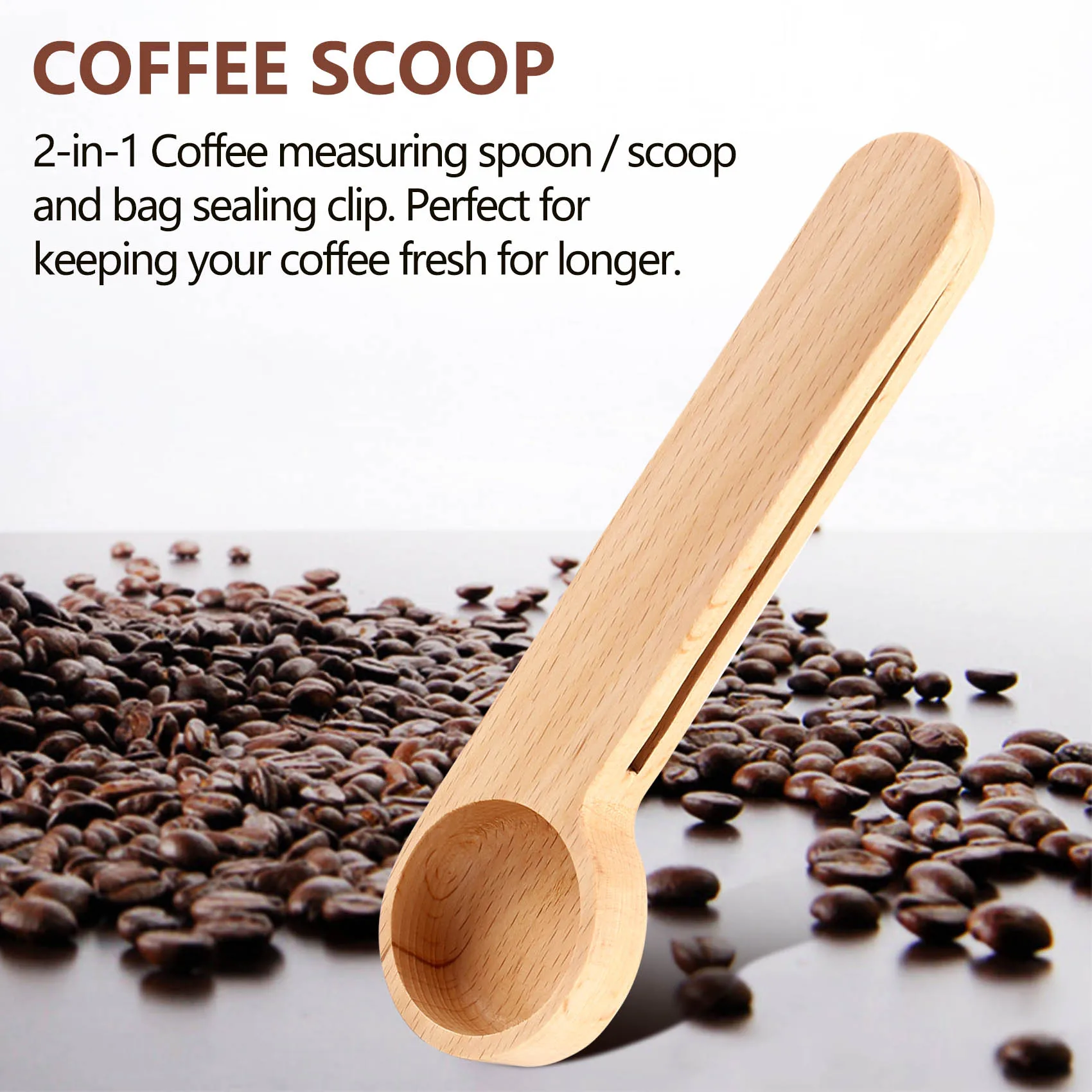 5 Pcs Wooden Coffee Scoop and Bag Clip Measure Spoon 2-In-1 Bags Sealer Measuring Spoon for Beans,Espresso Coffee,Tea